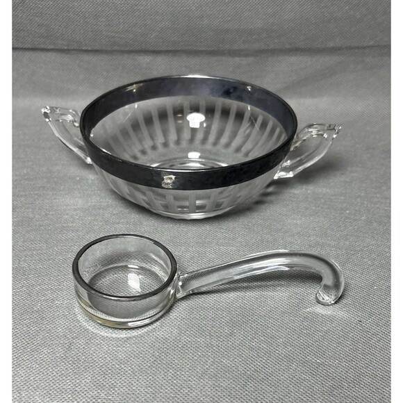 1930s Serving Bowl & Mayonnaise Spoon Silver Rim Art Deco Depression Glass UV - Picture 4 of 15